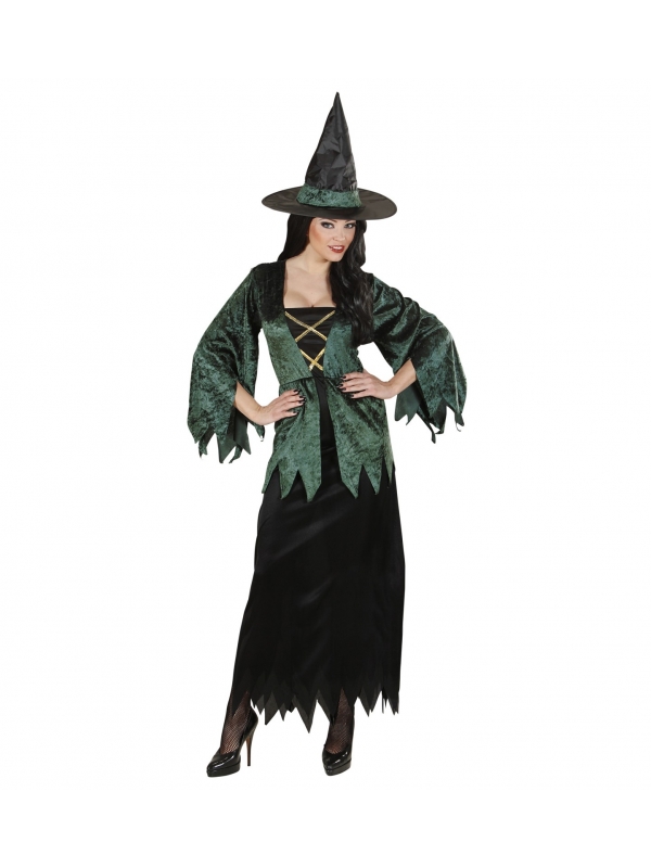 Déguisement Sorcière Femme noir et vert aspect velours ( robe, tunique attachée et chapeau)
