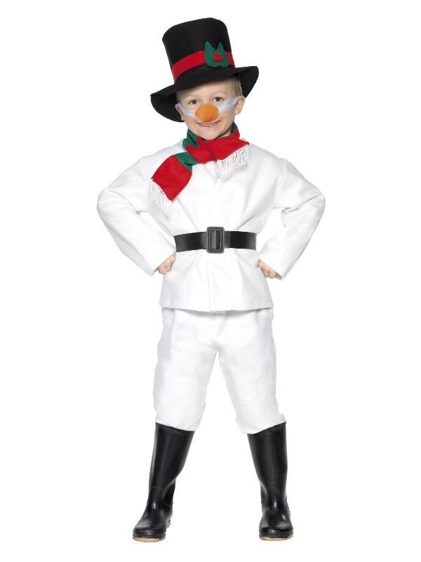 Déguisement Bonhomme de neige enfant (haut, pantalon, chapeau, écharpe, ceinture, nez)