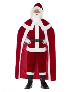 Déguisement Père Noël Deluxe (pantalon, manteau avec cape, ceinture, sur-bottes, gants, barbe et bon