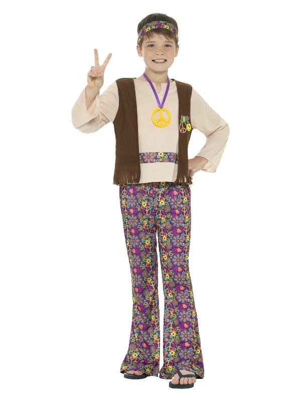 Déguisement hippie garçon (haut, gilet attaché, pantalon, médaillon et bandeau)