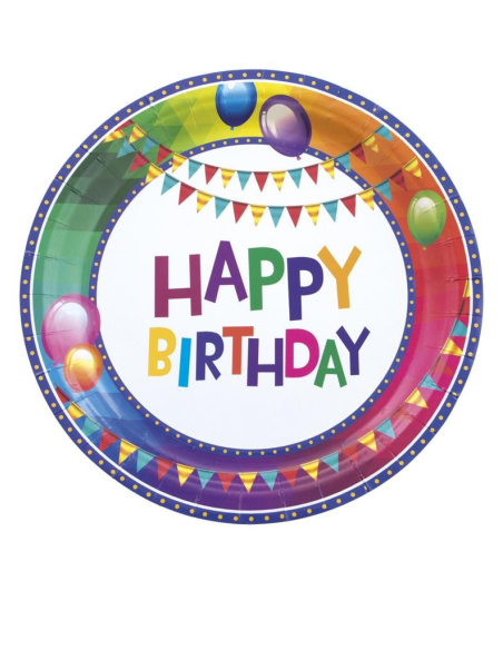 Lot de 8 assiettes multicolore (happy  birthday)