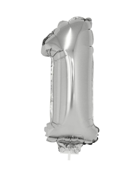 Ballon métallisé argenté avec baton chiffre -1- taille 41cm