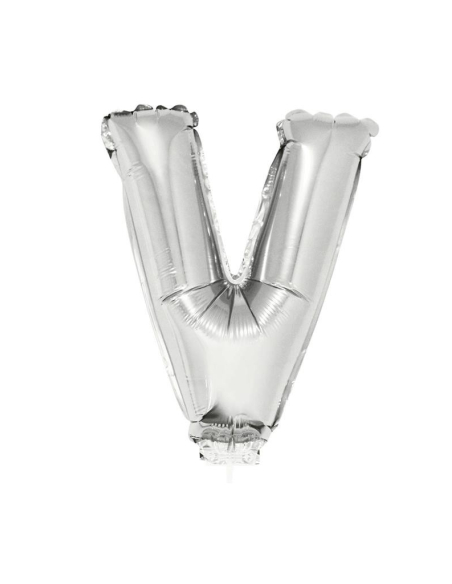Ballon métallisé argenté avec baton lettre -V- taille 41cm