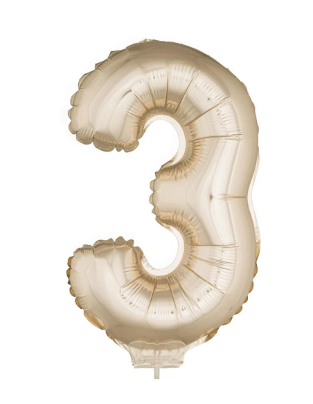Ballon Aluminium champagne ou rose mordoré avec baton chiffre -3- taille 41cm