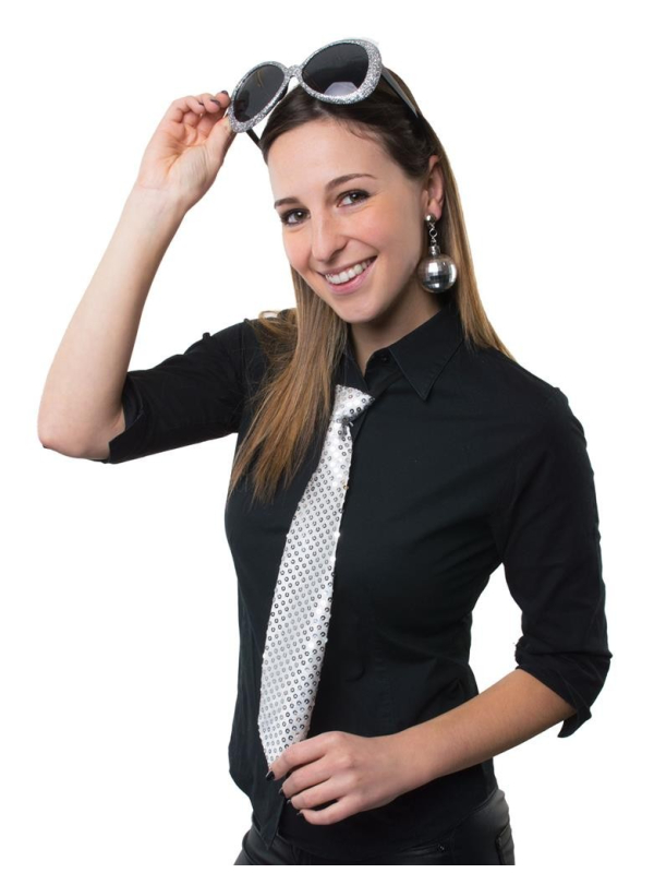 Set Accessoires Disco Argent (lunettes, cravate et boucles d'oreilles)
