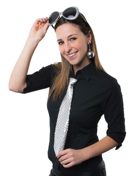 Set Accessoires Disco Argent (lunettes, cravate et boucles d'oreilles)