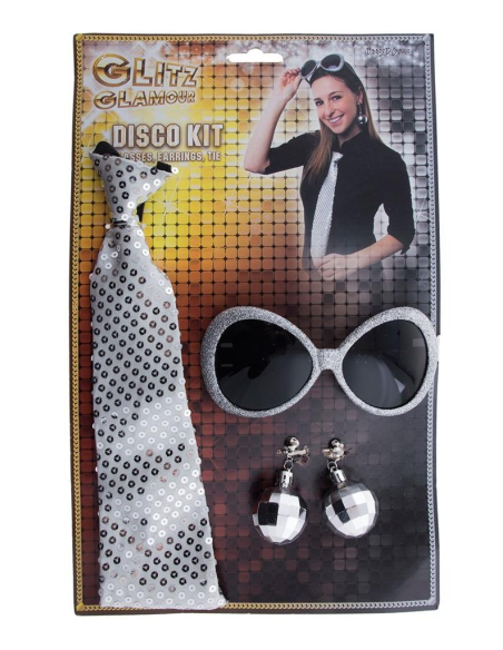 Set Accessoires Disco Argent (lunettes, cravate et boucles d'oreilles)