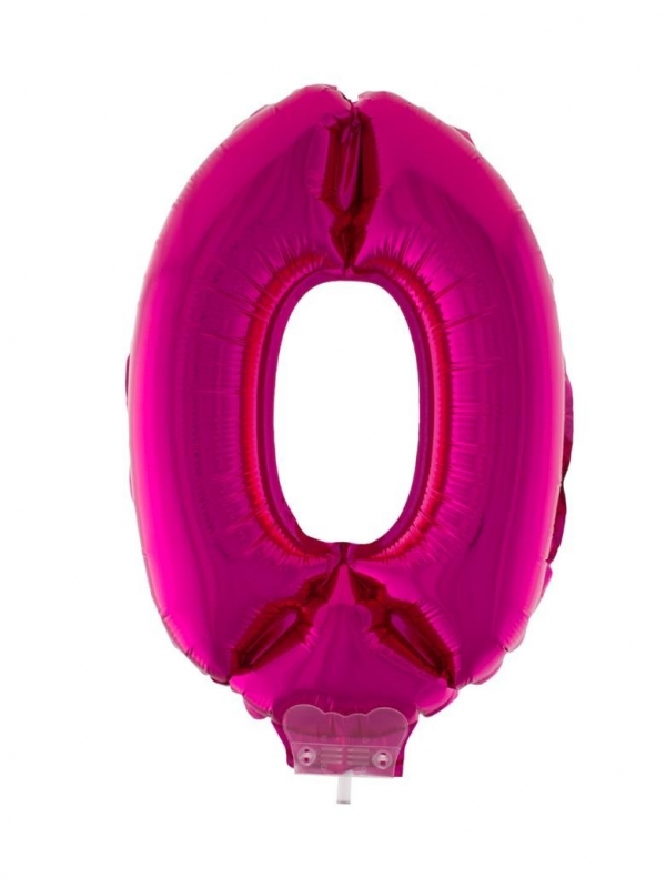 Ballon aluminium rose avec bâton, chiffre 0 - 41 cm