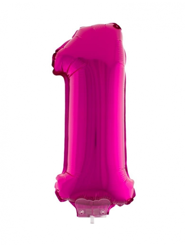 Ballon aluminium rose avec bâton, chiffre 1 - 41 cm