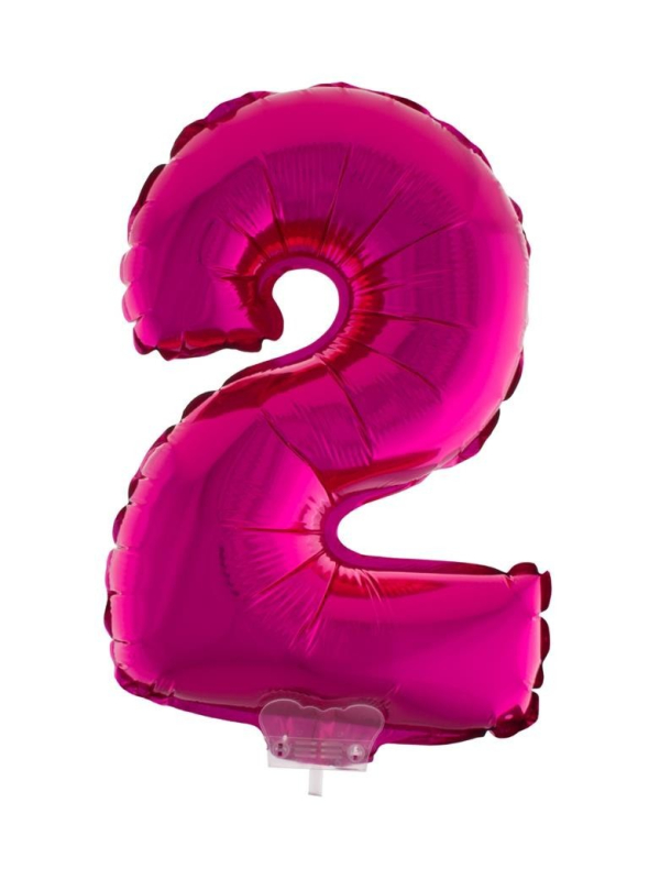 Ballon aluminium rose avec bâton, chiffre 2 - 41 cm