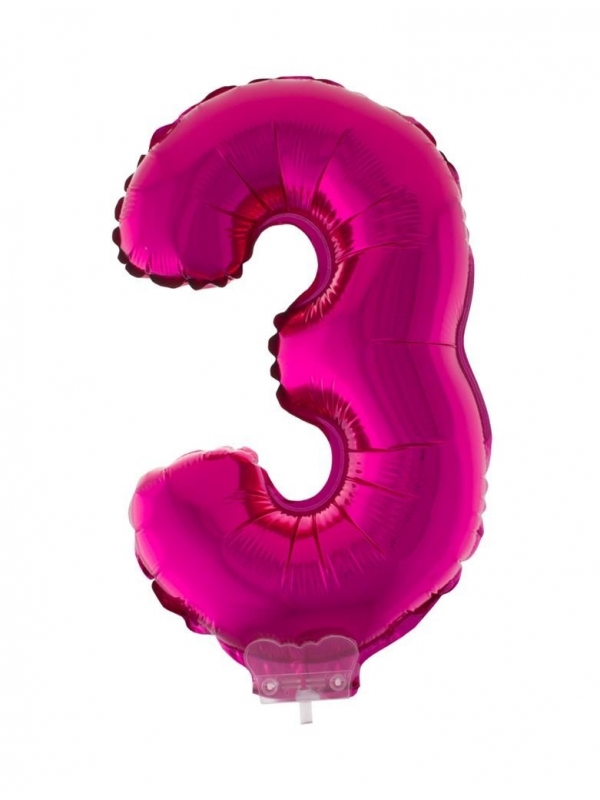 Ballon aluminium rose avec bâton, chiffre 3 - 41 cm