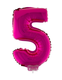Ballon aluminium rose avec bâton, chiffre 5 - 41 cm