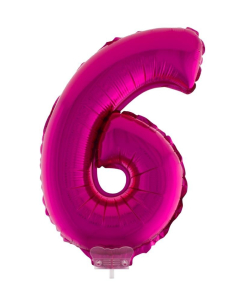 Ballon aluminium rose avec bâton, chiffre 6 - 41 cm