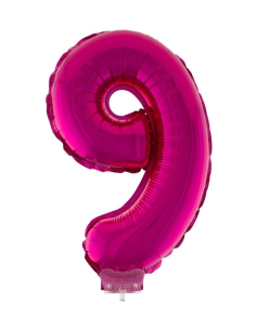 Ballon aluminium rose avec bâton, chiffre 9 - 41 cm