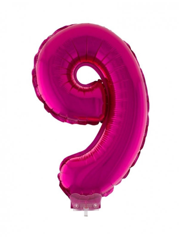 Ballon aluminium rose avec bâton, chiffre 9 - 41 cm