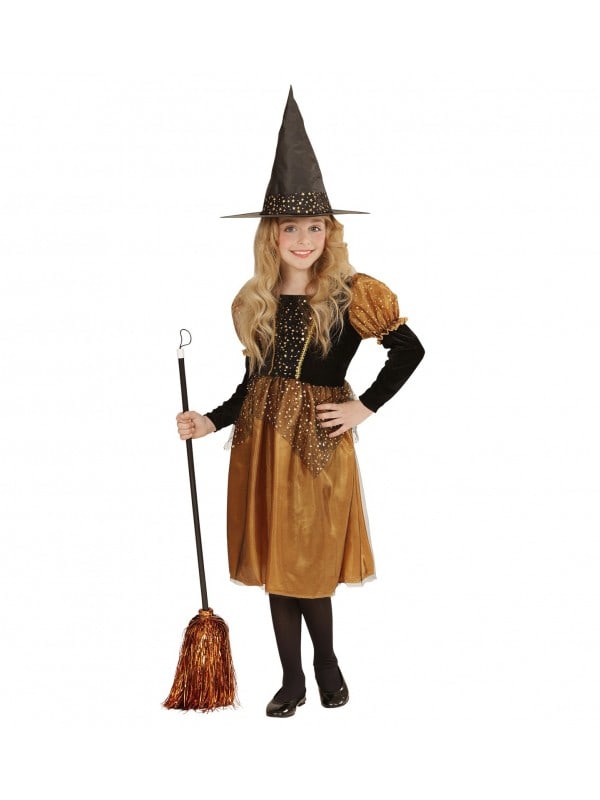 Déguisement de Sorcière fille noir et bronze (robe et chapeau)