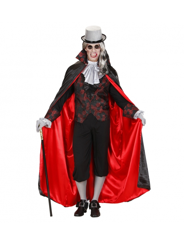 Déguisement homme vampire rouge et noir (chemise avec gilet, jabot, cape)