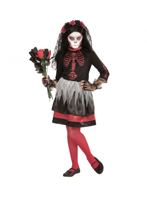 Déguisement Dia De Los Muertos, fille rouge et noir (robe, voile fleuri)