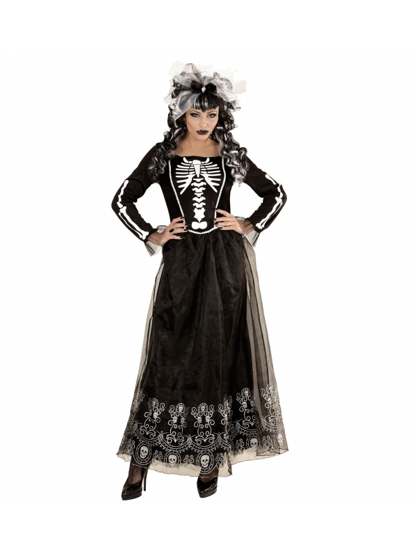 Déguisement squelette femme noir et blanc (robe longue, coiffe)