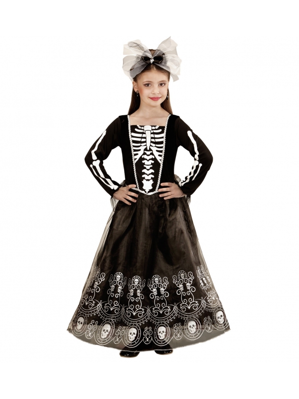 Déguisement squelette fille noir et blanc (robe longue, coiffe)