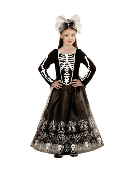 Déguisement squelette fille noir et blanc (robe longue, coiffe)