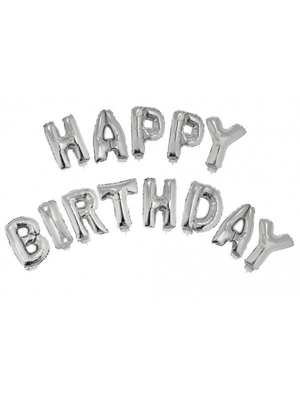 Ballons Aluminium Argent avec les lettres Happy Birthday gris argent + ruban
