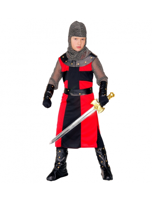 Déguisement chevalier garçon rouge et noir (casaque longue, ceinture, bracelets, casque, sur-bottes)