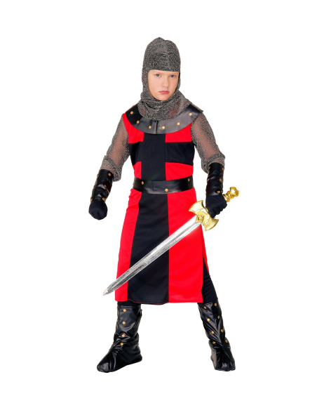 Déguisement chevalier garçon rouge et noir (casaque longue, ceinture, bracelets, casque, sur-bottes)