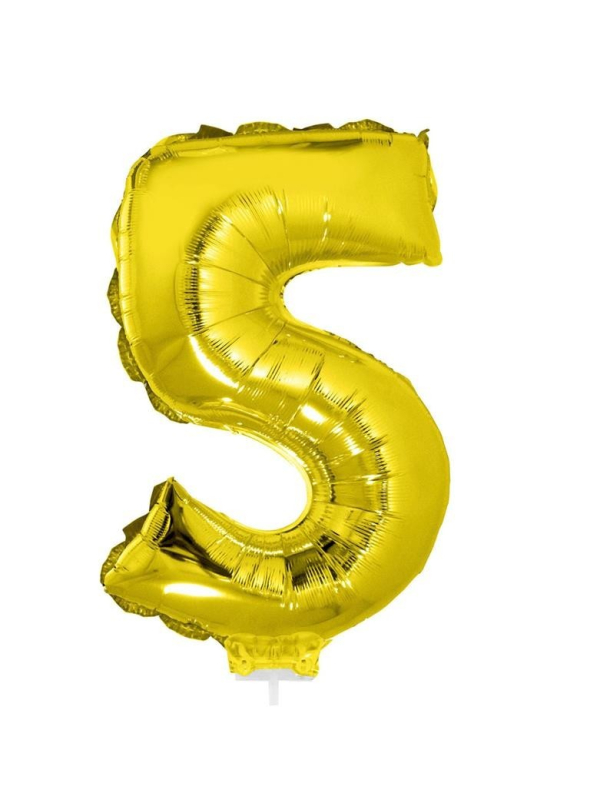 Ballon aluminium avec baton OR chiffre -5- taille 41 cm.