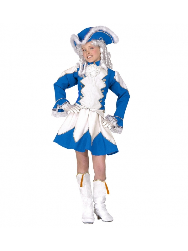 Déguisement majorette fille bleu et blanc (veste, jupe avec jupon, couvre-bottes, chapeau)