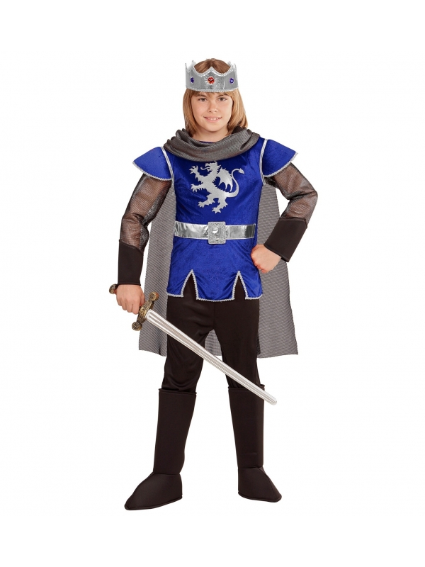 Déguisement roi Arthur enfant  bleu (casaque, pantalon, couvre-bottes, couronne, cape)