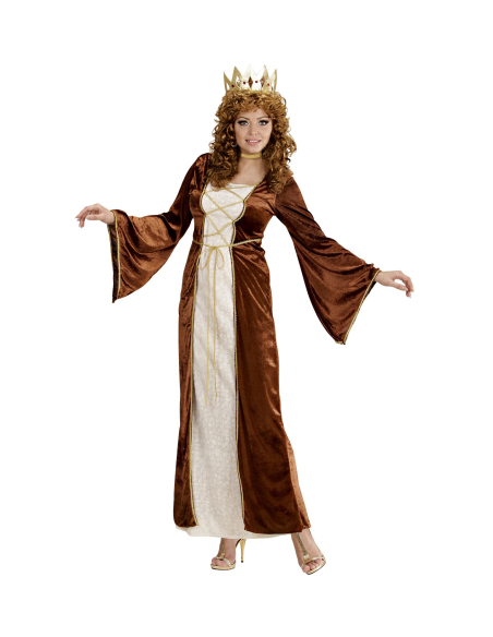 Déguisement Reine Médiéval Femme marron et beige (robe, collier et couronne avec gemme)