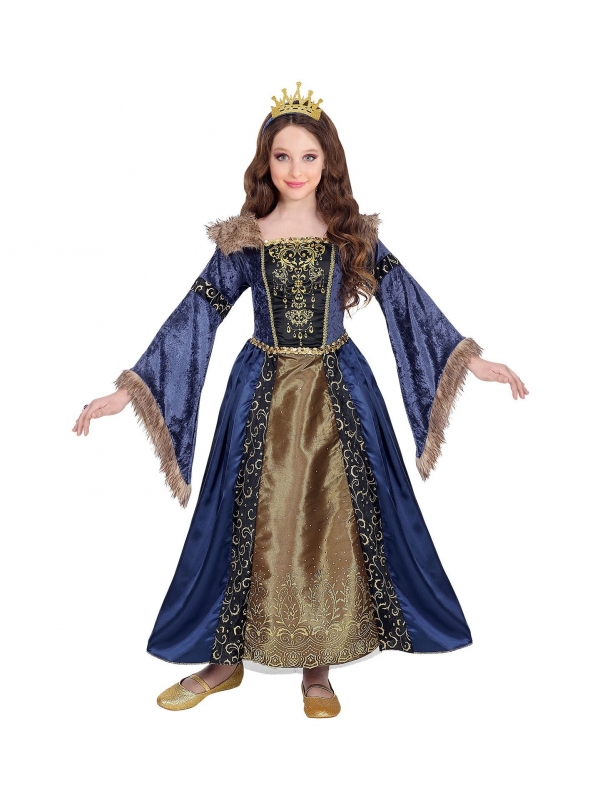Robe Reine Médiévale Fille, bleu et or (robe avec jupon crinoline et couronne)