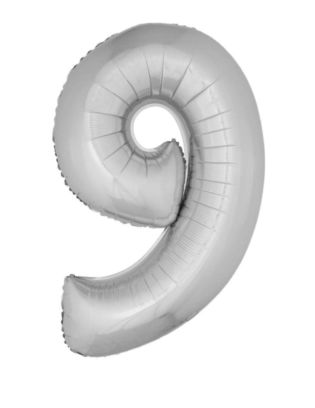 Ballon métallisé argenté chiffre -9- taille 102 cm