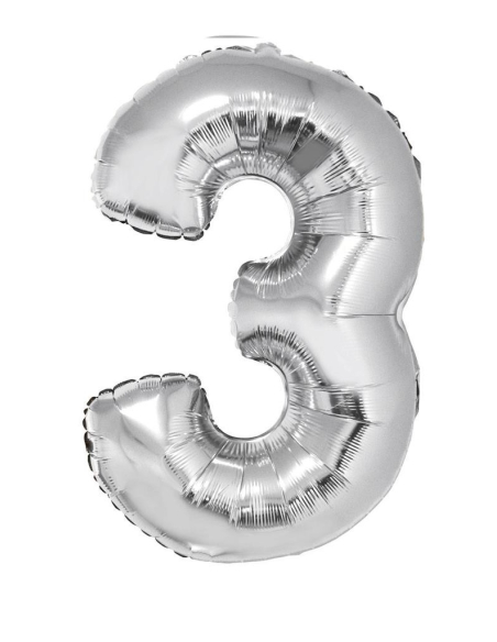 Ballon métallisé argenté chiffre -3- taille 80cm