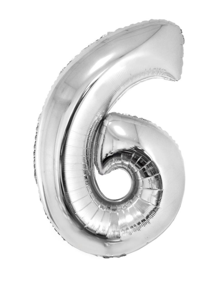 Ballon métallisé argenté avec baton chiffre -6- taille 80 cm