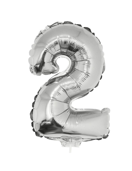Ballon métallisé argenté avec baton chiffre -2- taille 41cm