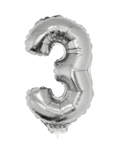 Ballon métallisé argenté avec baton chiffre -3- taille 41cm