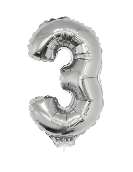 Ballon métallisé argenté avec baton chiffre -3- taille 41cm