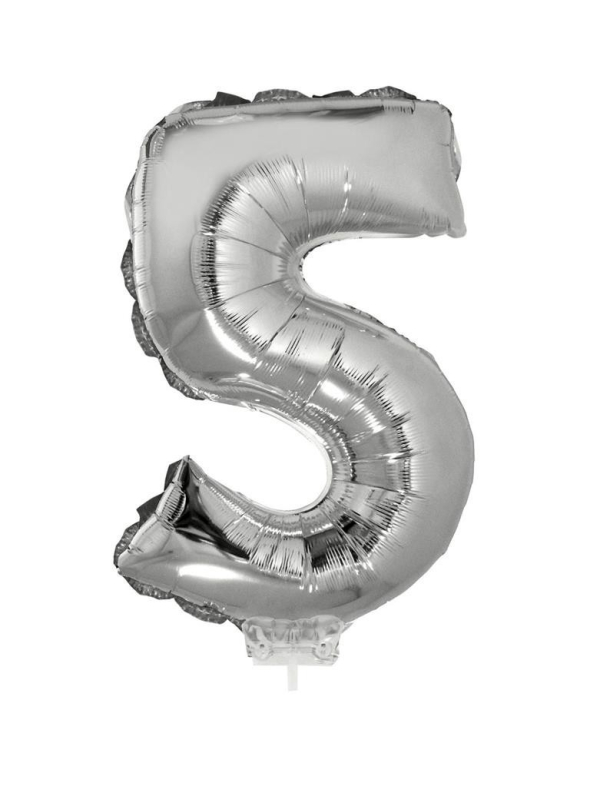 Ballon métallisé argenté avec baton chiffre -5- taille 41cm