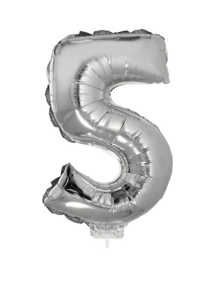 Ballon métallisé argenté avec baton chiffre -5- taille 41cm