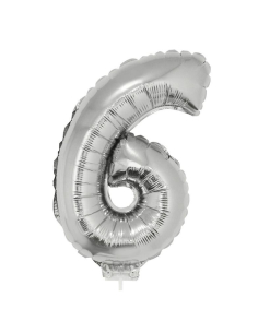 Ballon métallisé argenté avec baton chiffre -6- taille 41cm