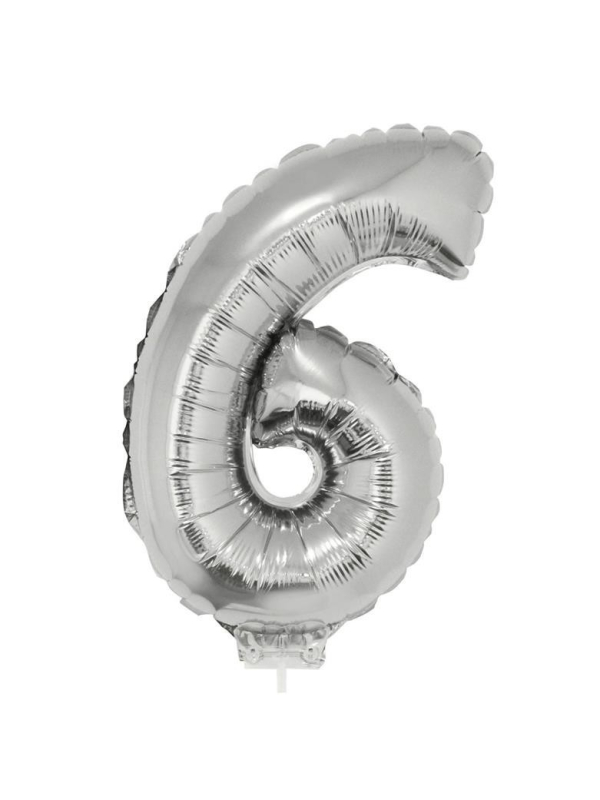 Ballon métallisé argenté avec baton chiffre -6- taille 41cm