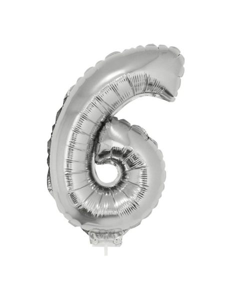 Ballon métallisé argenté avec baton chiffre -6- taille 41cm