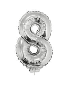 Ballon métallisé argenté avec baton chiffre-8- taille 41cm