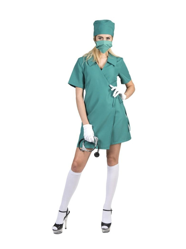 Déguisement Femme chirurgien vert (robe, calot et masque)