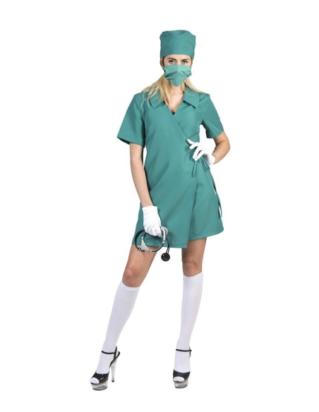 Déguisement Femme chirurgien vert (robe, calot et masque)