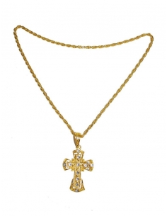 Collier avec croix, chaine dorée et pierres blanches