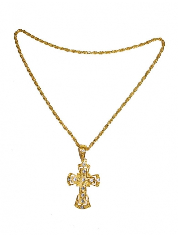 Collier avec croix et chaine dorée et pierres blanche - 6 x 5cm