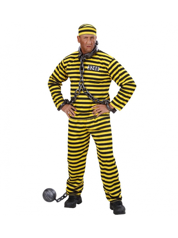 Déguisement Prisonnier Homme jaune et noir (haut, pantalon, calot)